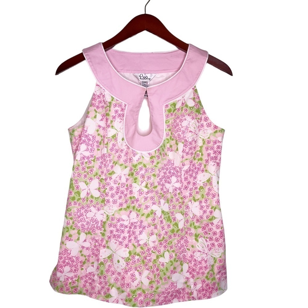 LILLY PULITZER Keyhole Front Sleeveless Top Size 6 in Floral Pink Butterfly